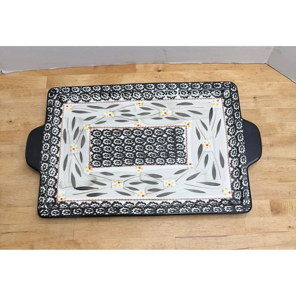 Temp-tations Old World Serving Tray Large Black Rectangular Platter Ceramic